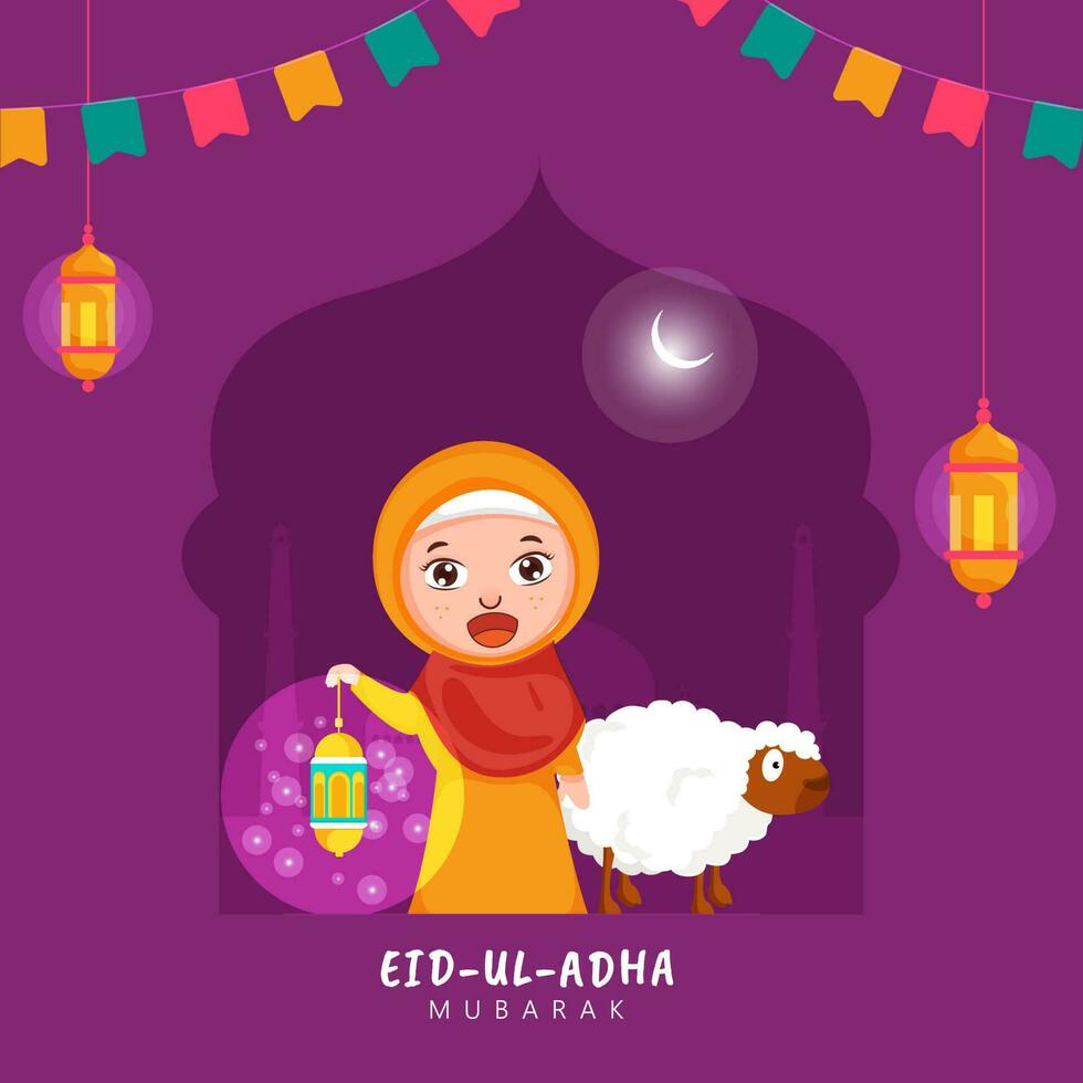 Eid-Ul-Adha Mubarak Poster Design with Muslim Girl holding Illuminated Lantern, Cartoon Sheep and Crescent Moon on Dark Magenta Silhouette Mosque Background. vector