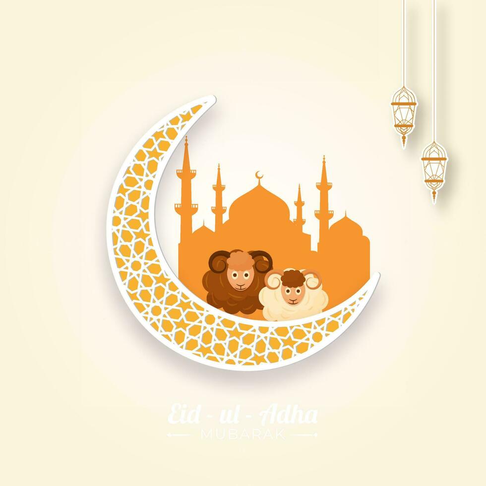 White Arabesque Moon with Two Cartoon Sheep, Silhouette Mosque and Sticker Style Lanterns Hang on Orange Arabic Pattern Background for Eid-Ul-Adha Mubarak. vector