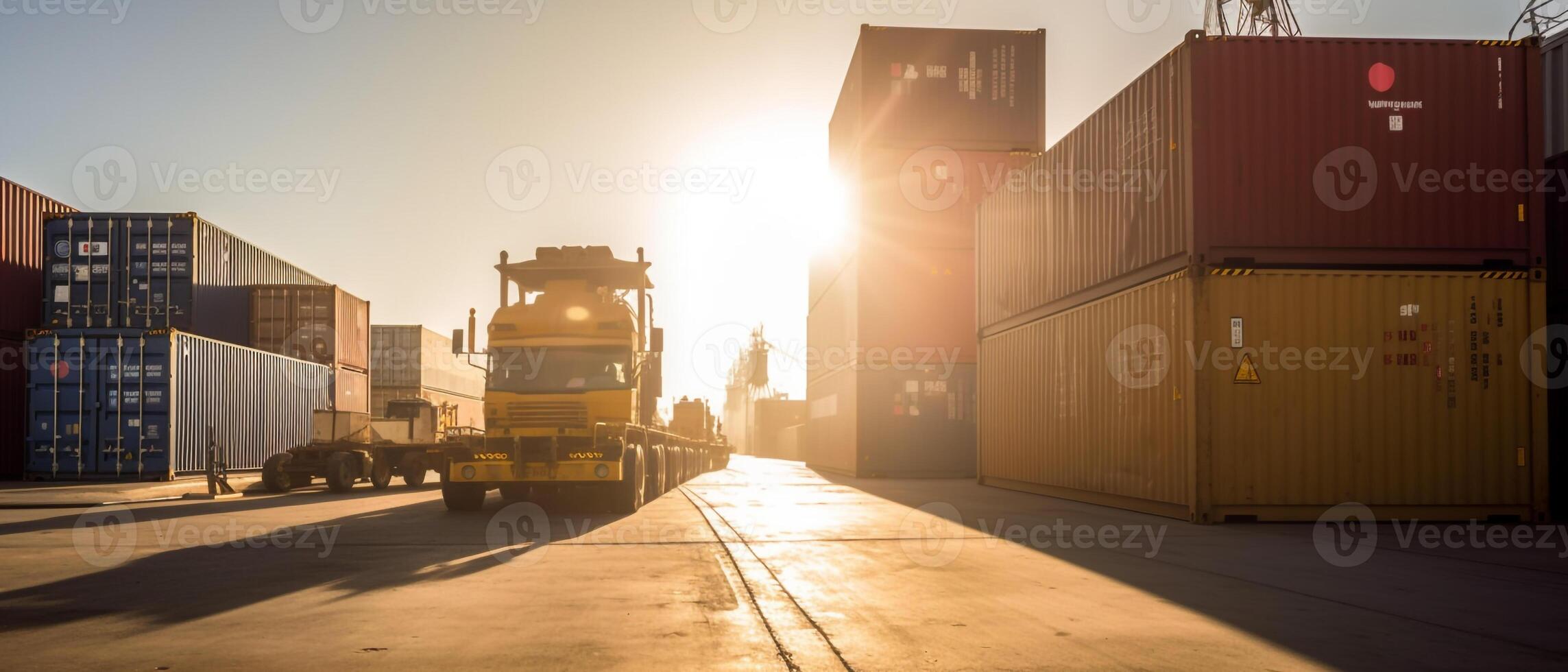 Export import shipping at port with shipping container under the sunlight. photo