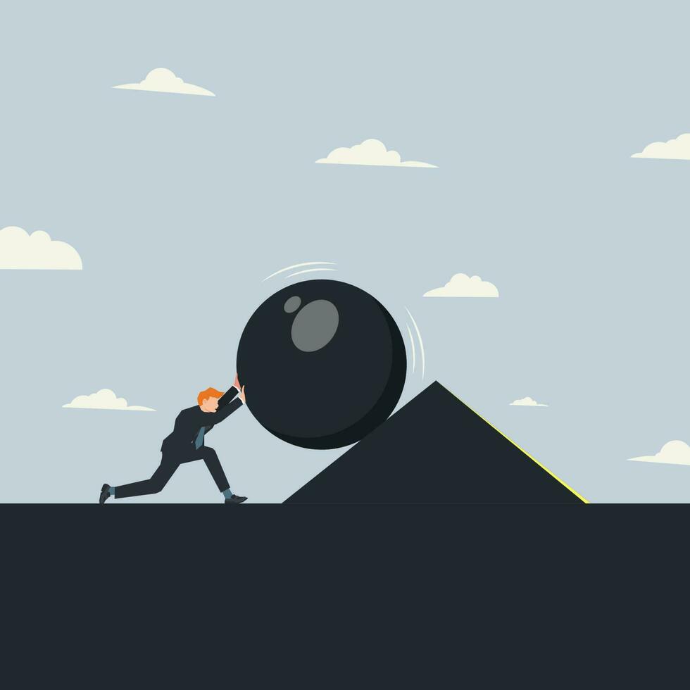 Businessman pushing the giant ball and is blocked by big triangle. Business problem concept vector illustration
