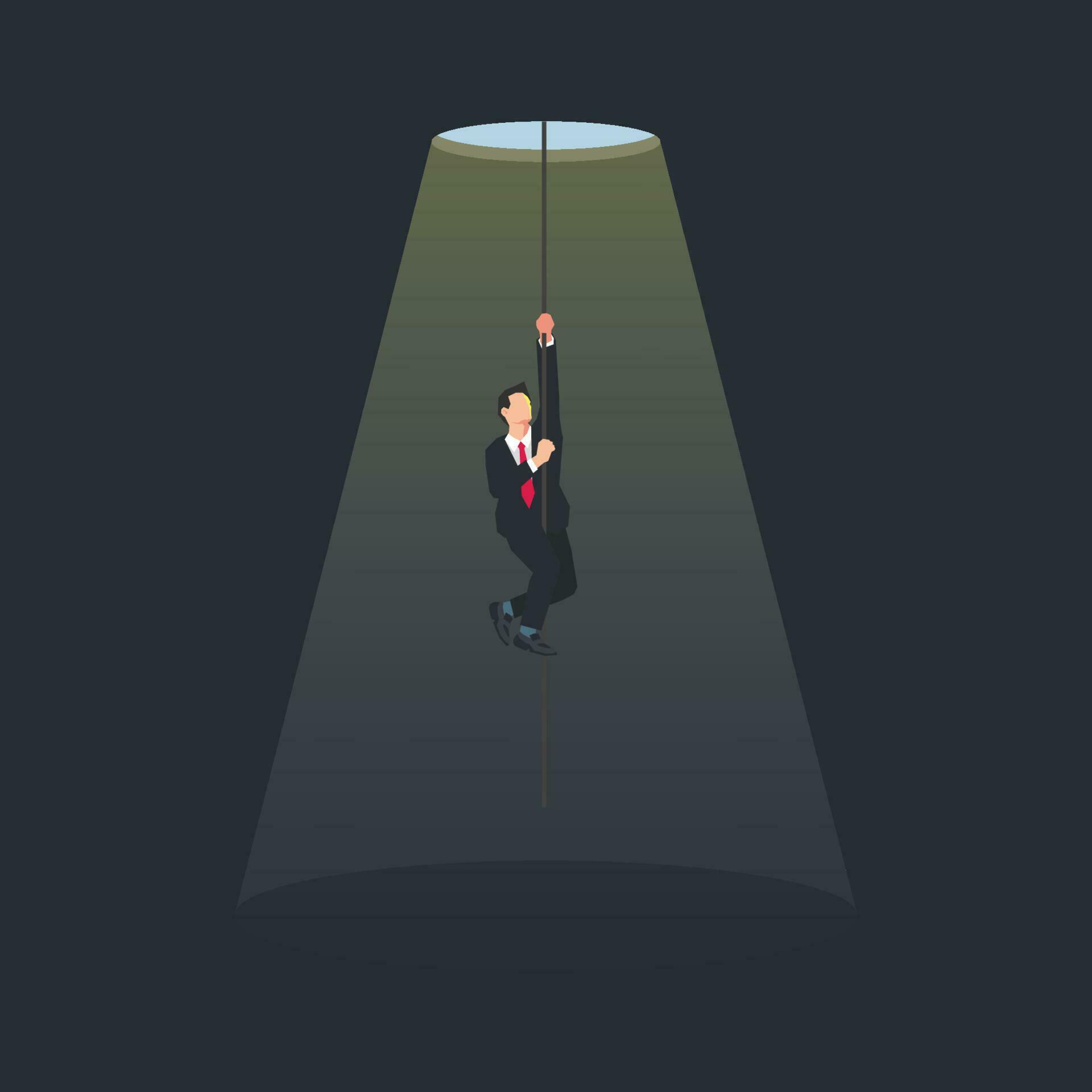 Businessman climbing by rope from the hole. Rise from failure concept