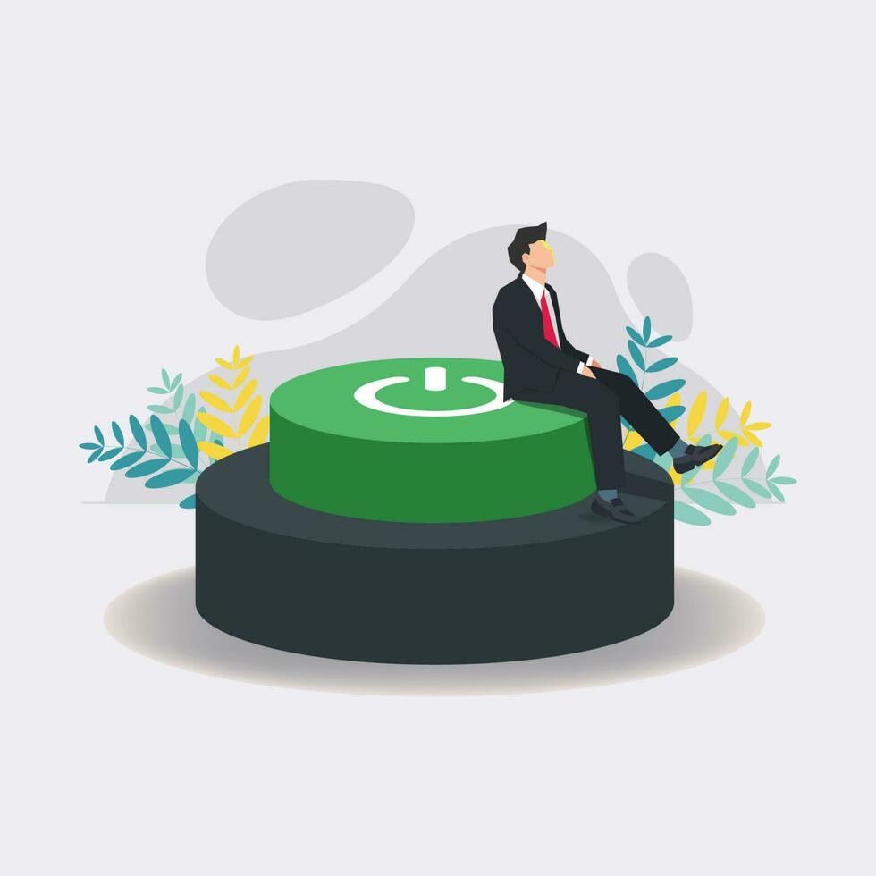 Businessman sitting on the on power button. Business autopilot concept design vector illustration