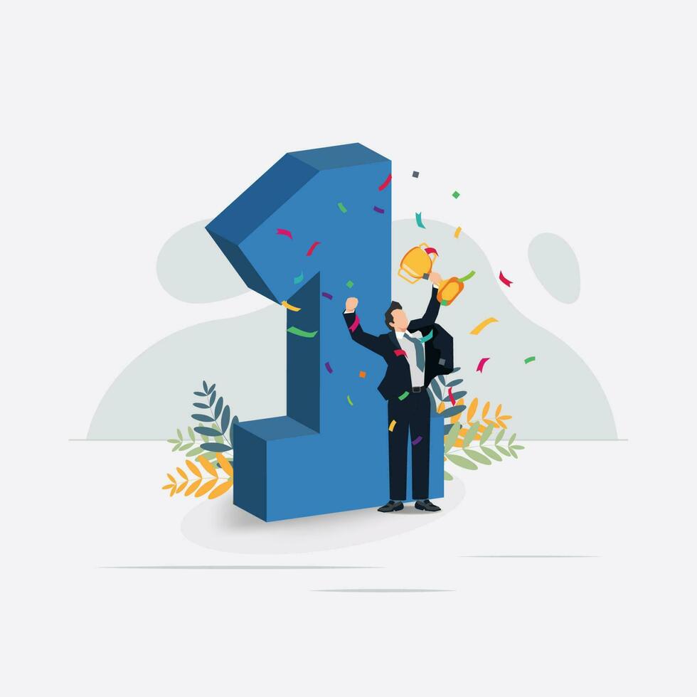 Vector businessman with giant number one. Success achieving design illustration