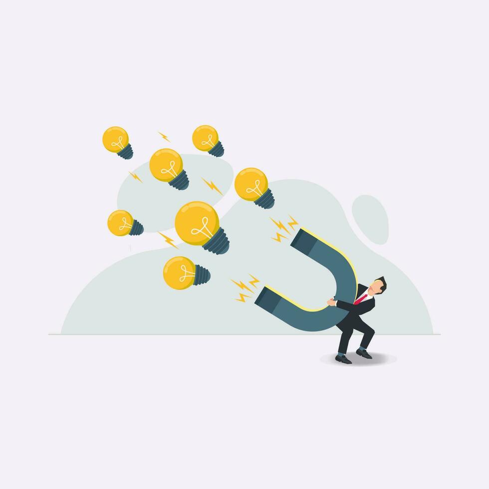 Vector businessman holding a big magnet. Gathering ideas concept illustration