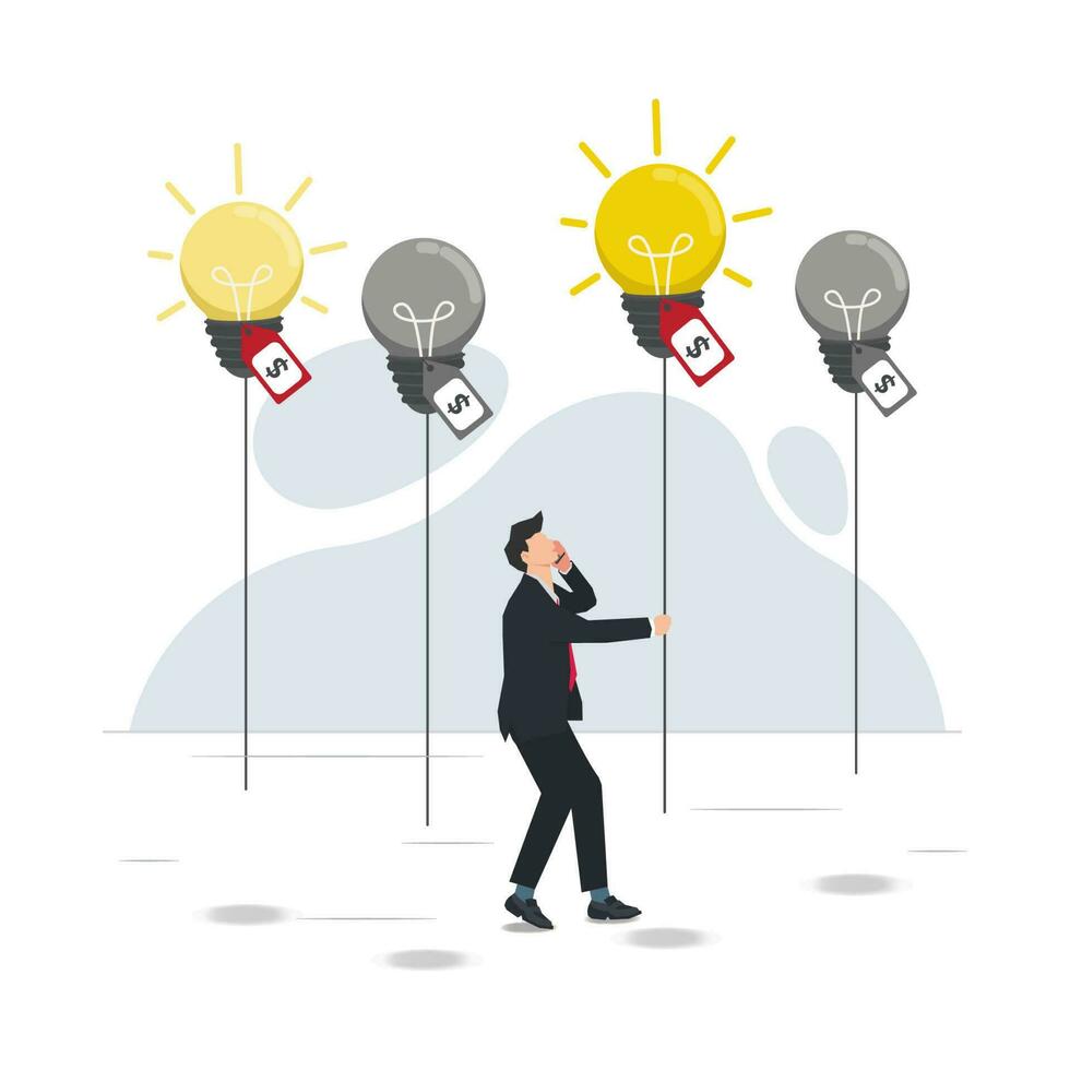 Businessman chooses the brightest light bulb of all. Human resources selecting process vector illustration