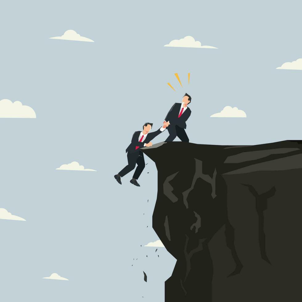 Businessman helping another businessman on the cliff. Help each other in business concept illustration vector