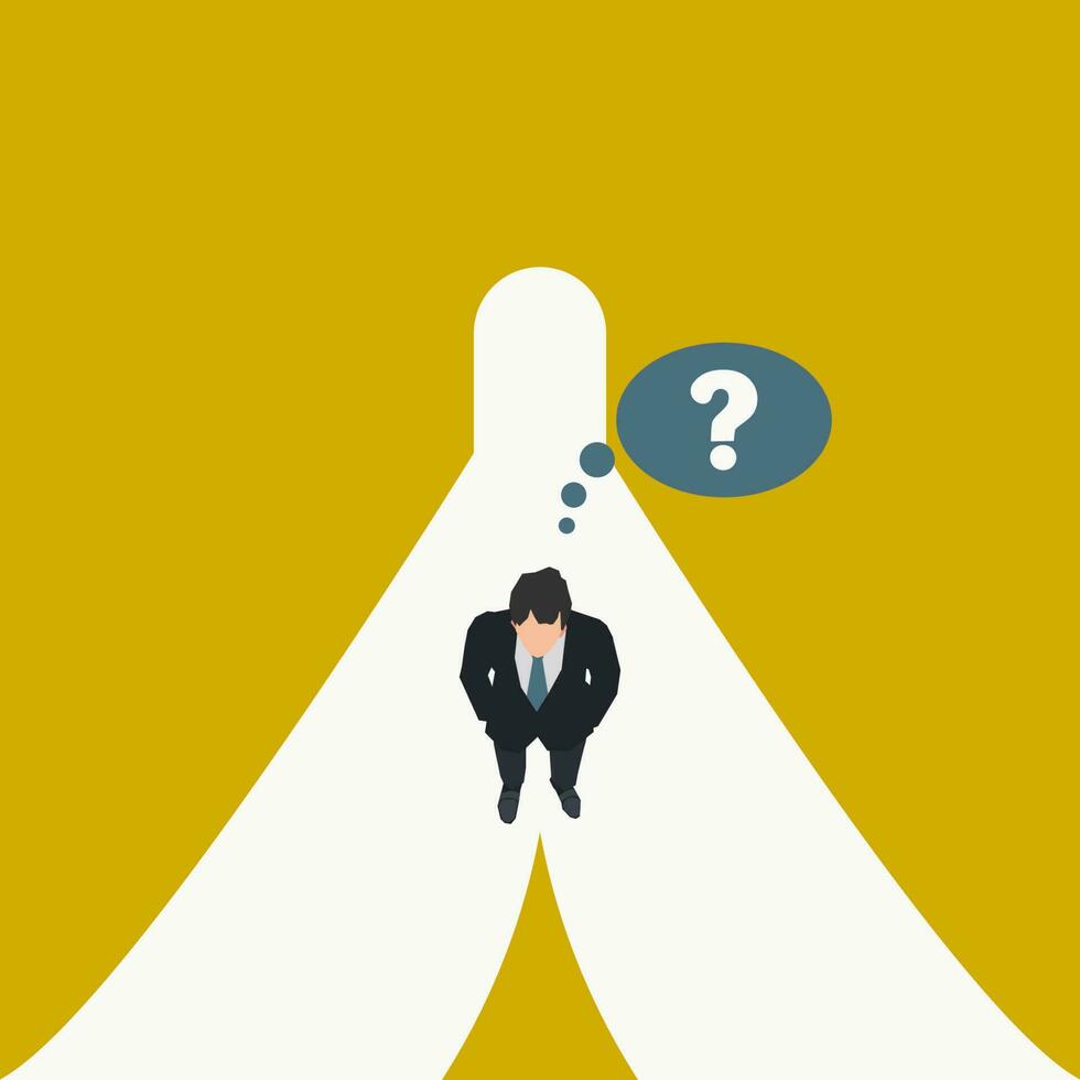 Businessman with question mark at the crossroads must choose a path vector illustration