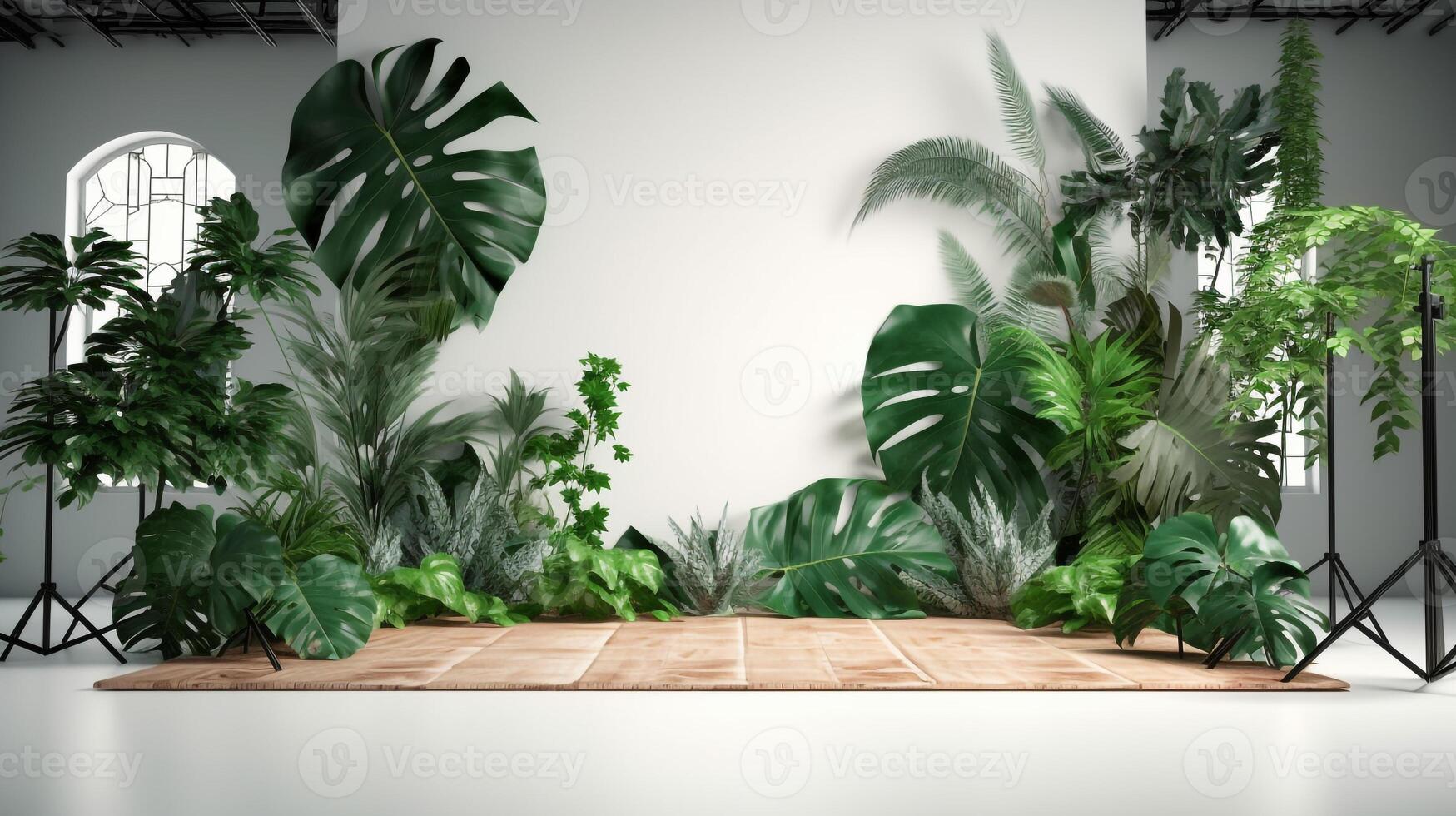 Tropical plant backdrop with a podium in the center. photo