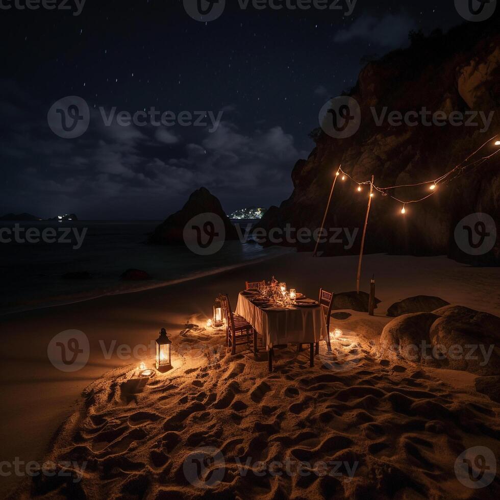romántico alumbrado por velas cena en un aislado playa con suave playa. ai generativo foto