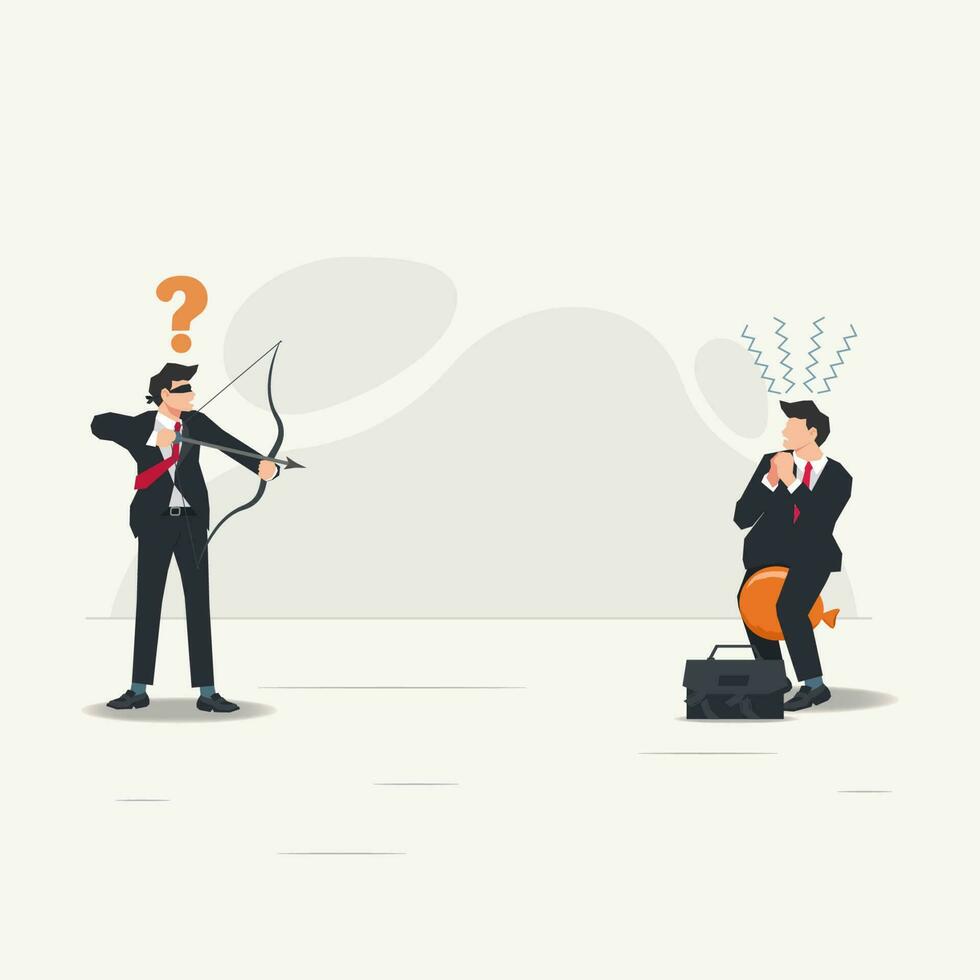 Businessman with blindfold aiming to shoot the balloon. Businessman focus concept vector illustration