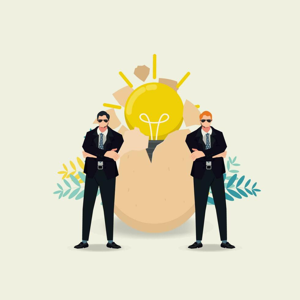 Two guards with cracked egg and bright light bulb inside. Protect the new brilliant idea, Copy rights concept vector illustration