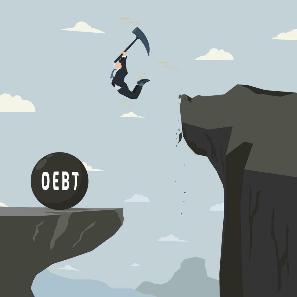 Businessman holding a hammer jumping from a cliff to destroy a giant debt ball vector illustration