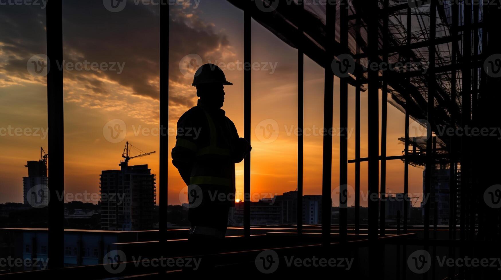 silhouette of construction worker at golden hour. photo