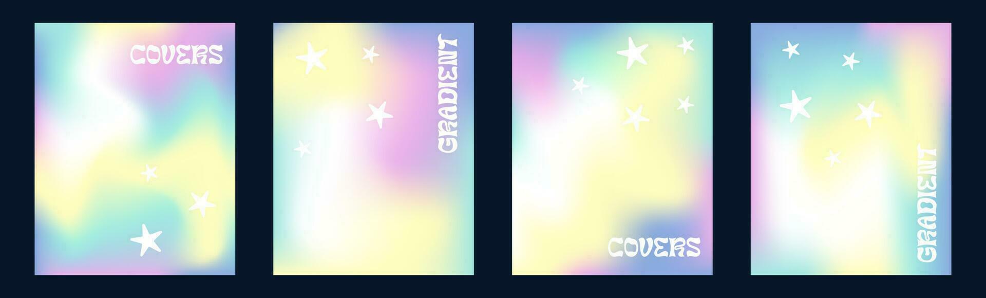 Set of four gradient vector backgrounds in y2k style, futuristic modern colorful backdrops.