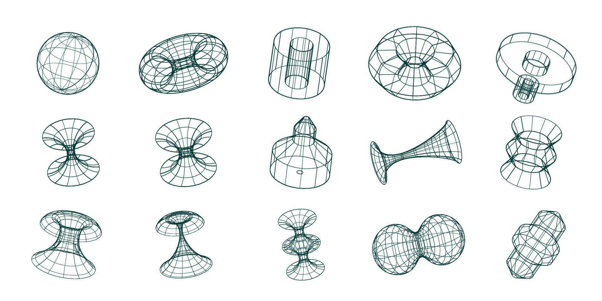 de moda y2k 3d dimensional poligonal modelos, malla cuadrícula geométrico vector objetos.