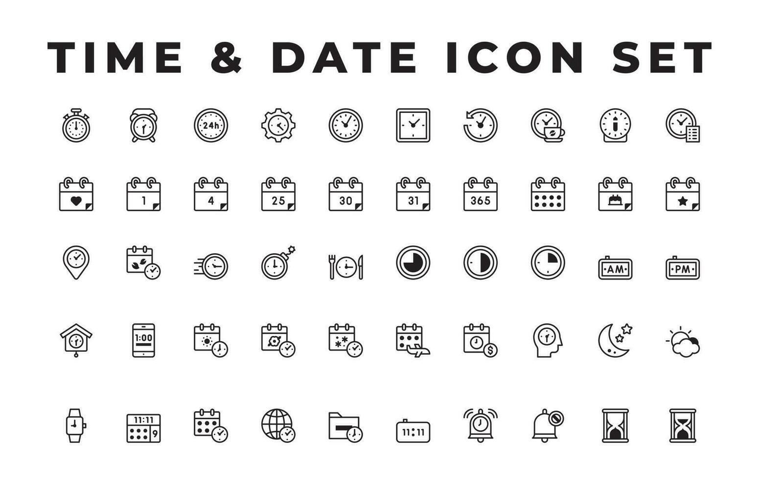 Time And Date Lineal Icon Set Pack, Time Mangement Icon Set, Include, Summer, Winter, Day, Night, Calender, Stopwatch, clock, notification, hourglass, place, wirstwatch, deadline, anniversary, payday vector