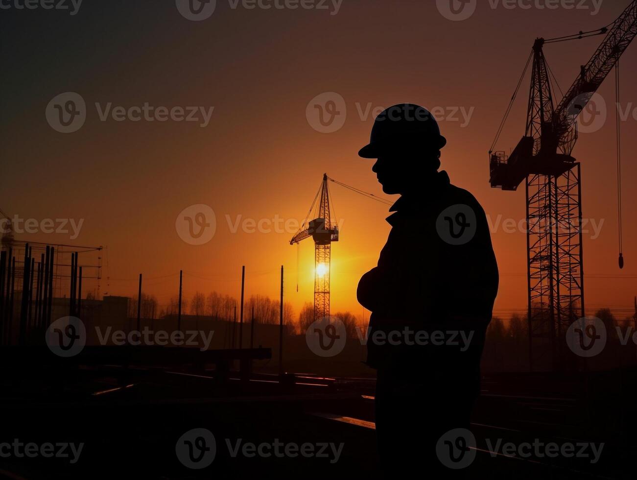 silhouette of construction worker at golden hour. photo