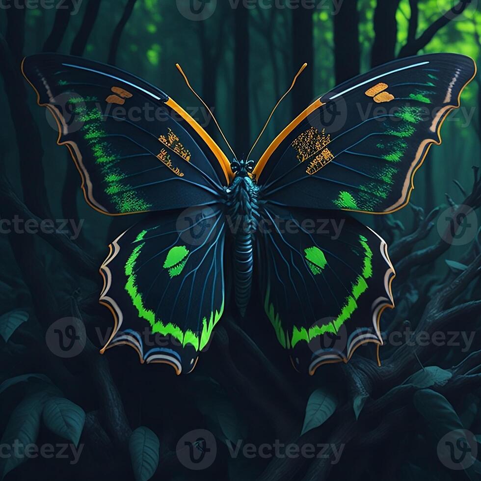 A butterfly with orange and blue wings is on a black background. Illustration of paints. . photo