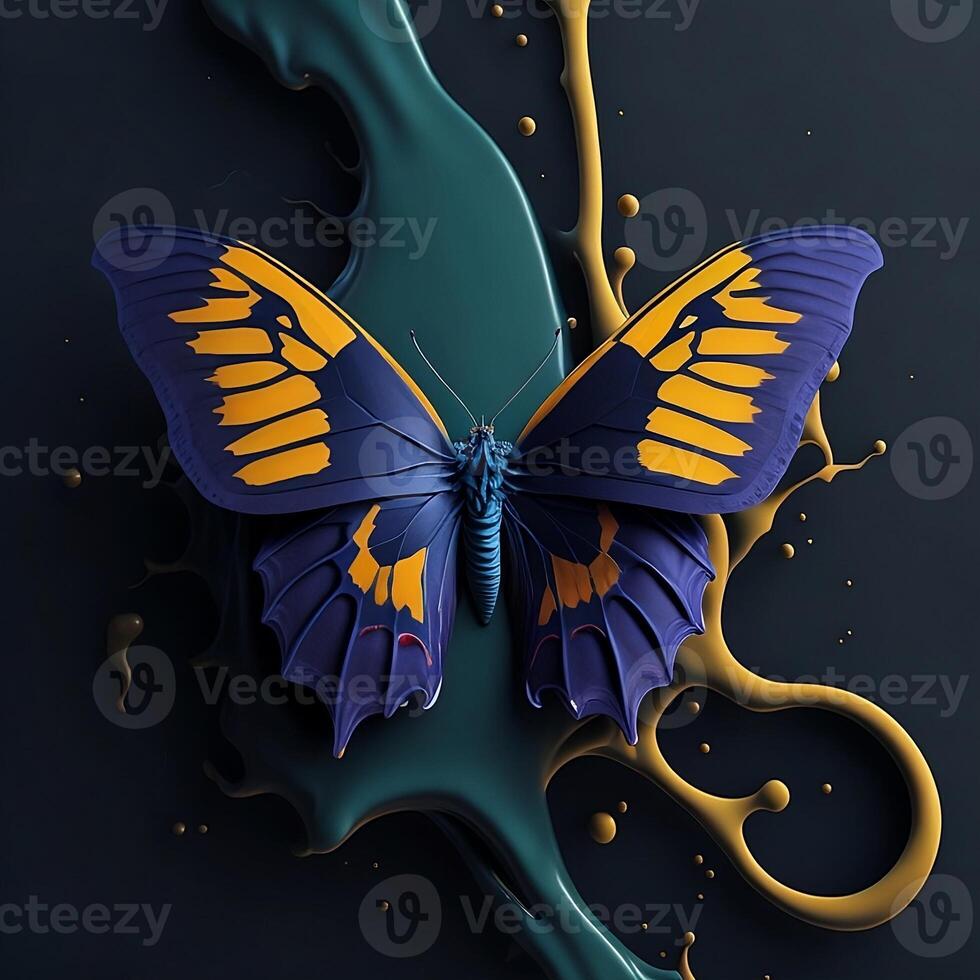 A butterfly with orange and blue wings is on a black background. Illustration of paints. . photo