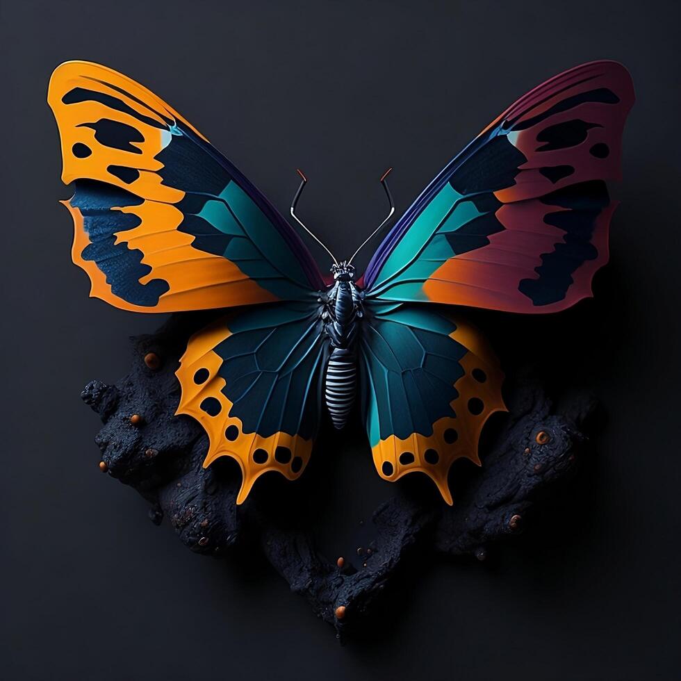 A butterfly with orange and blue wings is on a black background. Illustration of paints. . photo