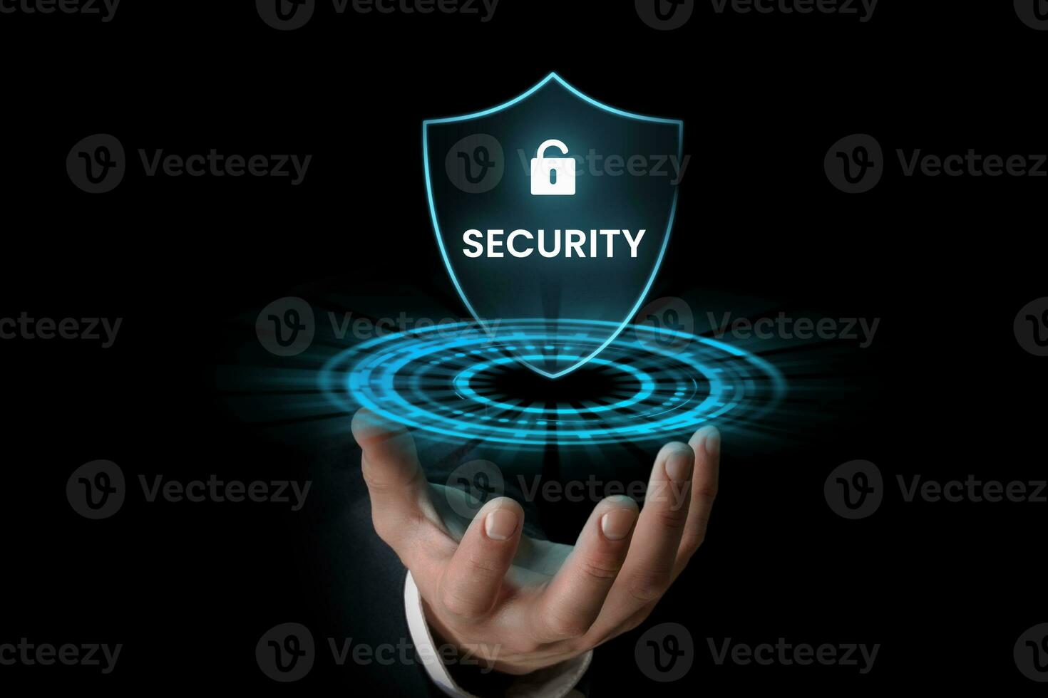 Businessman holding digital security icon in the hand, internet security concept. photo