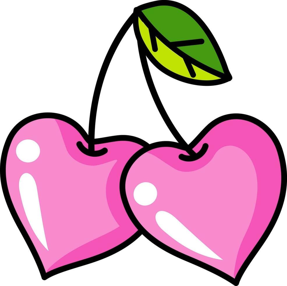 Pink cherry in heart shape. Icon design. Cherry love hand drawn vector