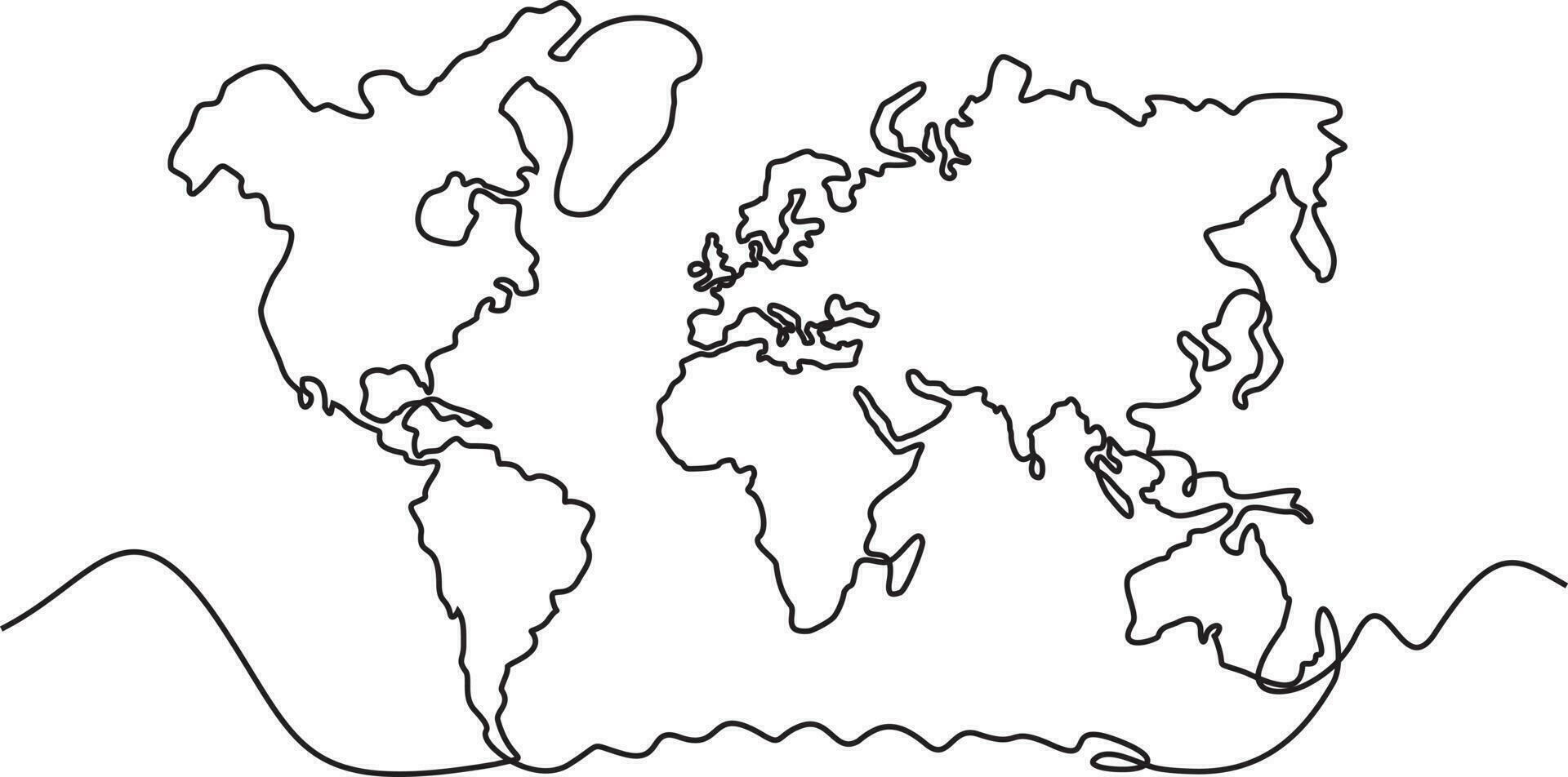 World map continuous line drawing. Hand drawn simple stylized continents silhouette. Continuous line drawing vector