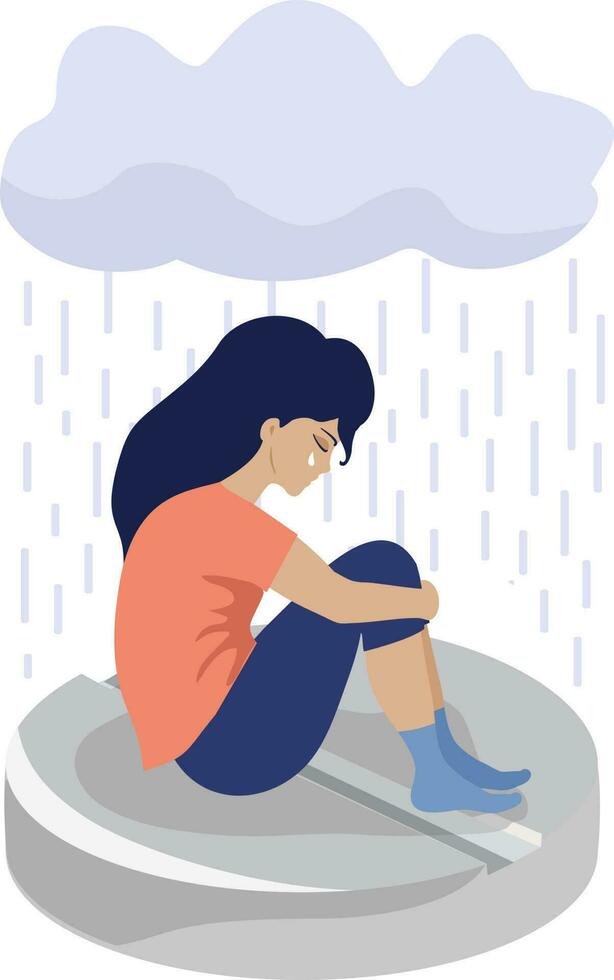 Depressed Sad woman sit on drug tablet. Depression pills. Depression drugs. Psychological illness concept vector