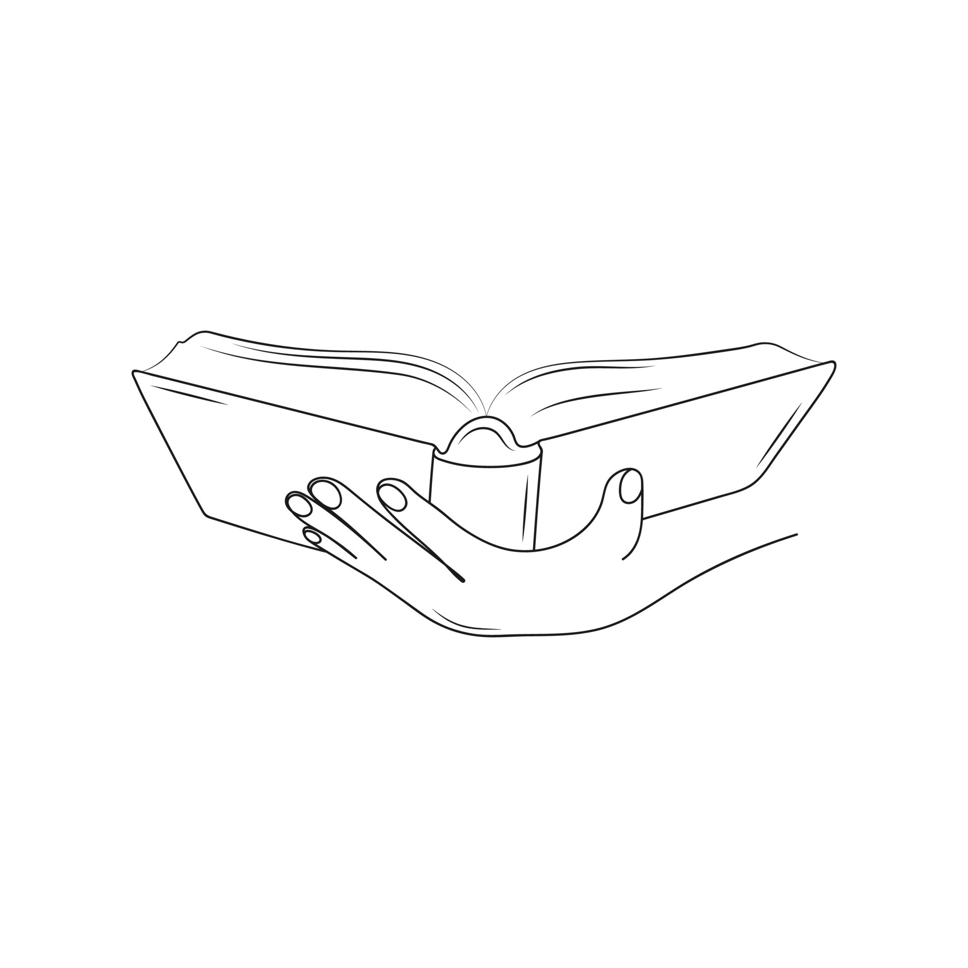 Hand holding open book. Line art. Reading, education concept. Hand