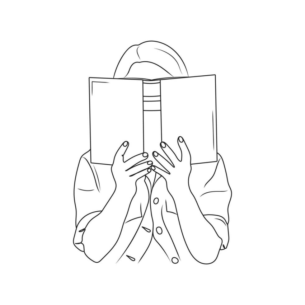 Girl holding open book. Woman reading. Line art. Reading, education concept. Hand drawn vector Illustration.