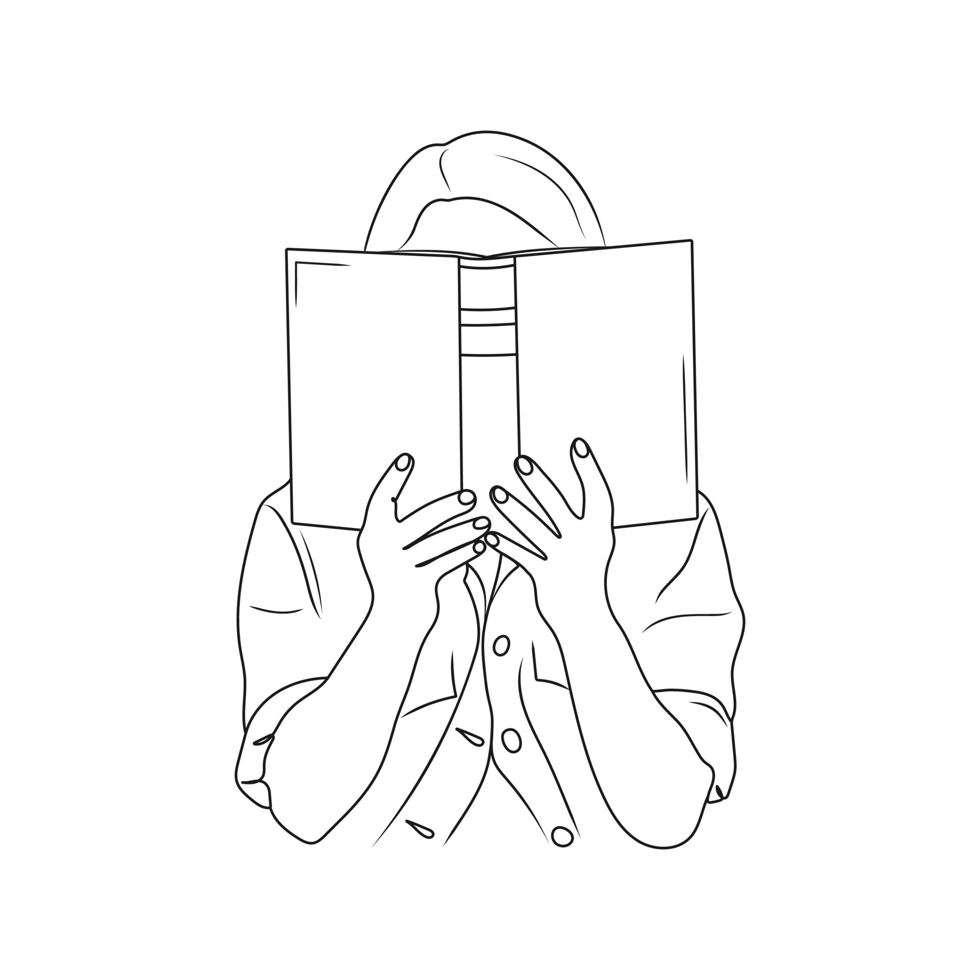 Girl holding open book. Woman reading. Line art. Reading, education concept. Hand drawn vector