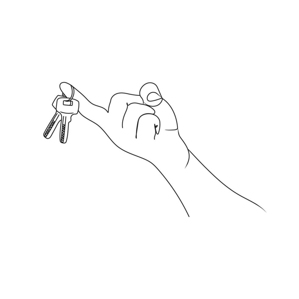 Hand holding the keys. Line art drawing. The concept of real estate sales. Hand drawn vector illustration.