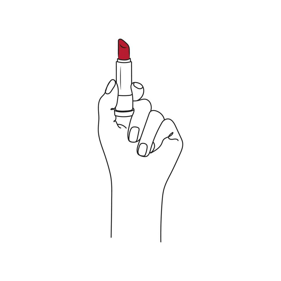 hembra mano participación rojo lápiz labial. línea Arte dibujo. productos cosméticos concepto. mano dibujado vector ilustración.