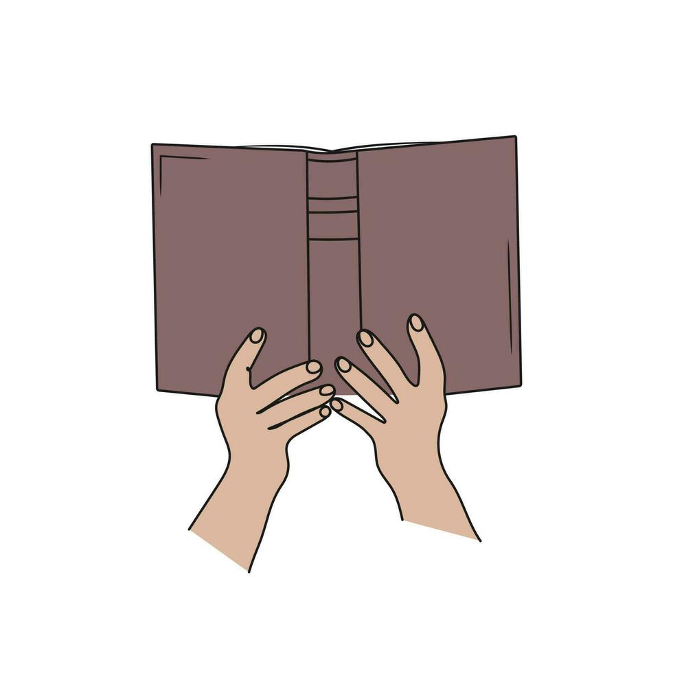 Hands holding open book. Line art drawing. Reading, education concept. Hand drawn vector Illustration.