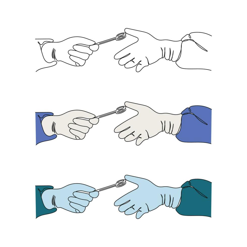 Gloved hand of assistant giving instrument to surgeon. Line art. Surgery and emergency concept. Vector illustration.