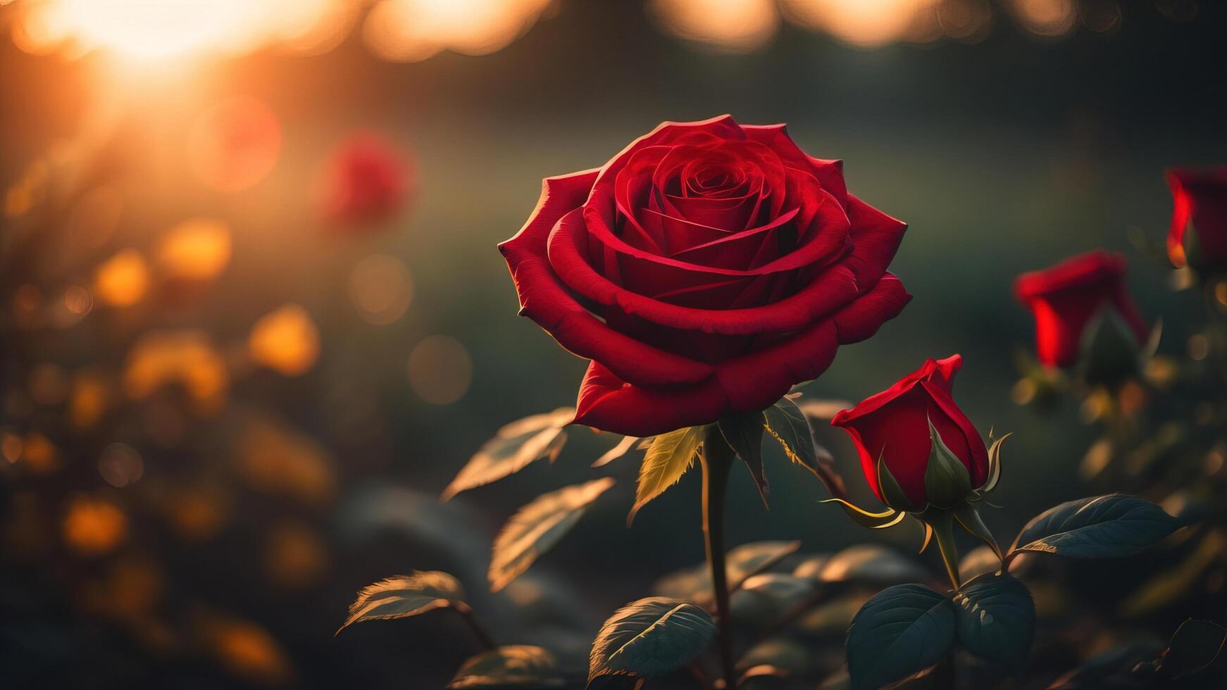 Beautiful red rose with a bokeh background and beautiful sunset light