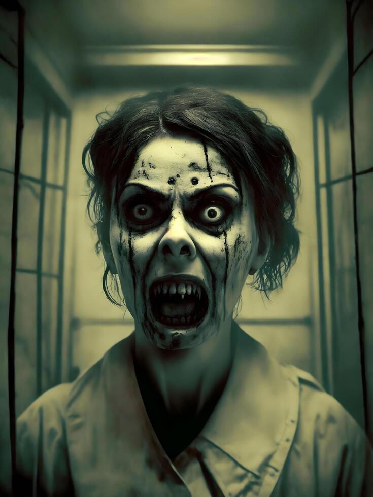 Creepy female ghost nurse in the hospital hallway, photo