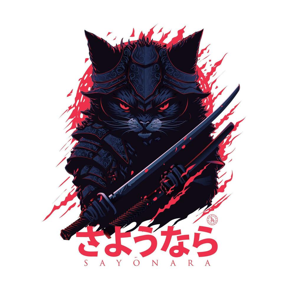 Cat samurai with katana poster, sayonara, cute and fierce vector