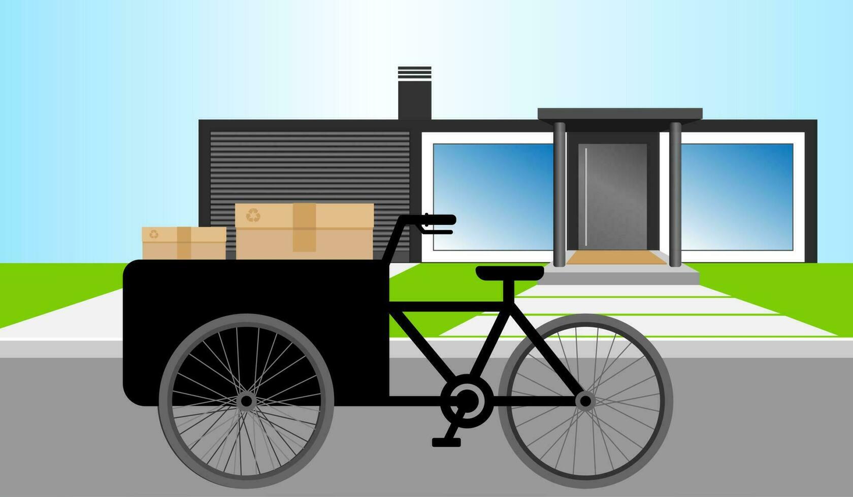 Urban Scene of a Cargo bike with loaded cardboard boxes and a store in the background. Flat vector illustration