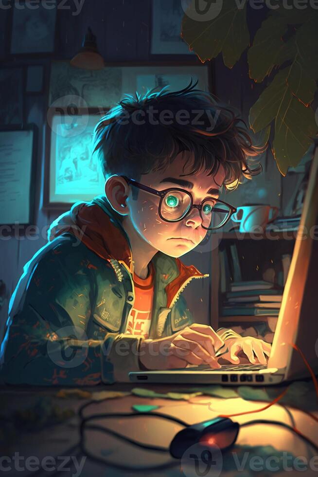 Illustration of a boy working on his laptop, photo