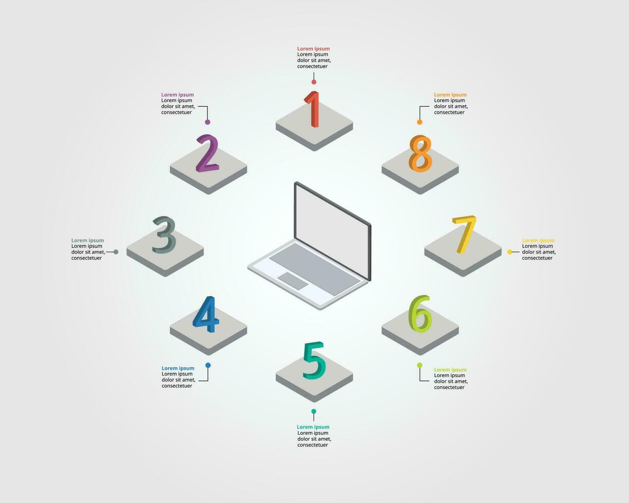 negocio plan trabajo con ordenador portátil modelo para infografía para presentación para 8 elemento vector