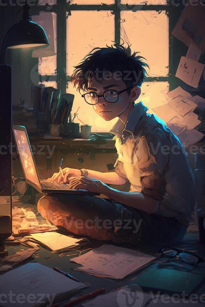 Illustration of a boy working on his laptop, photo