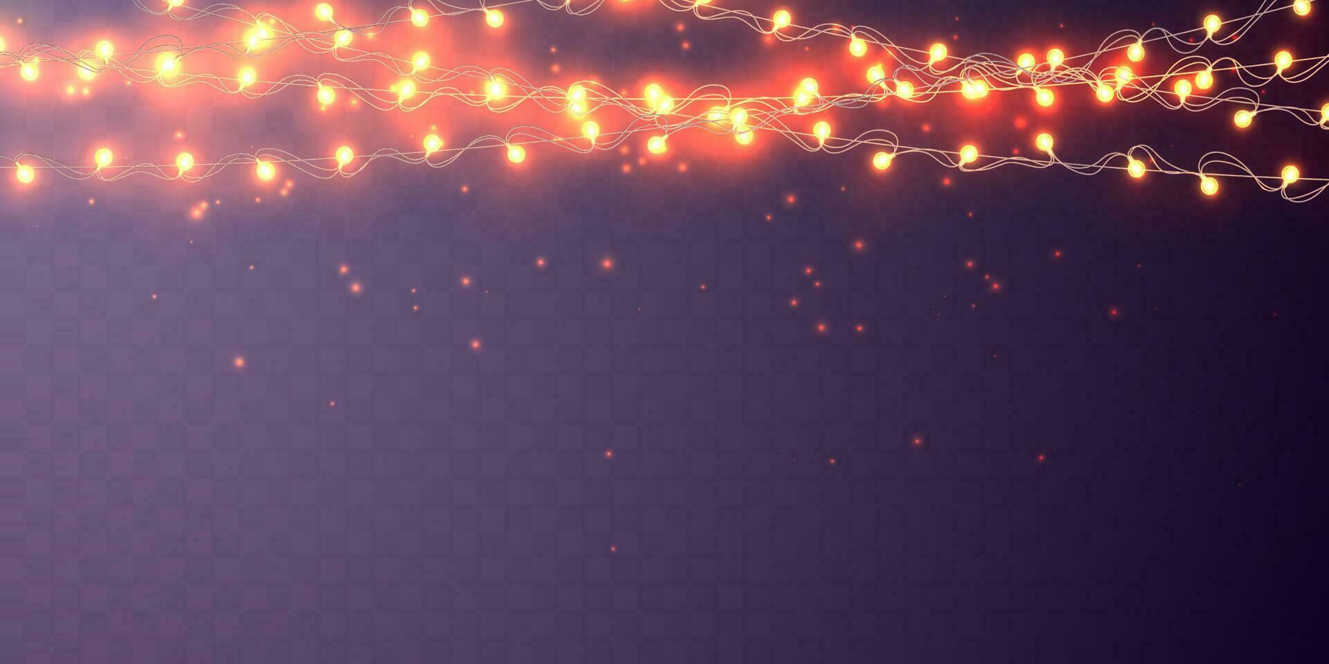 Xmas Color garland, festive decorations. Glowing christmas lights transparent effect decoration on dark background. Vector illustration