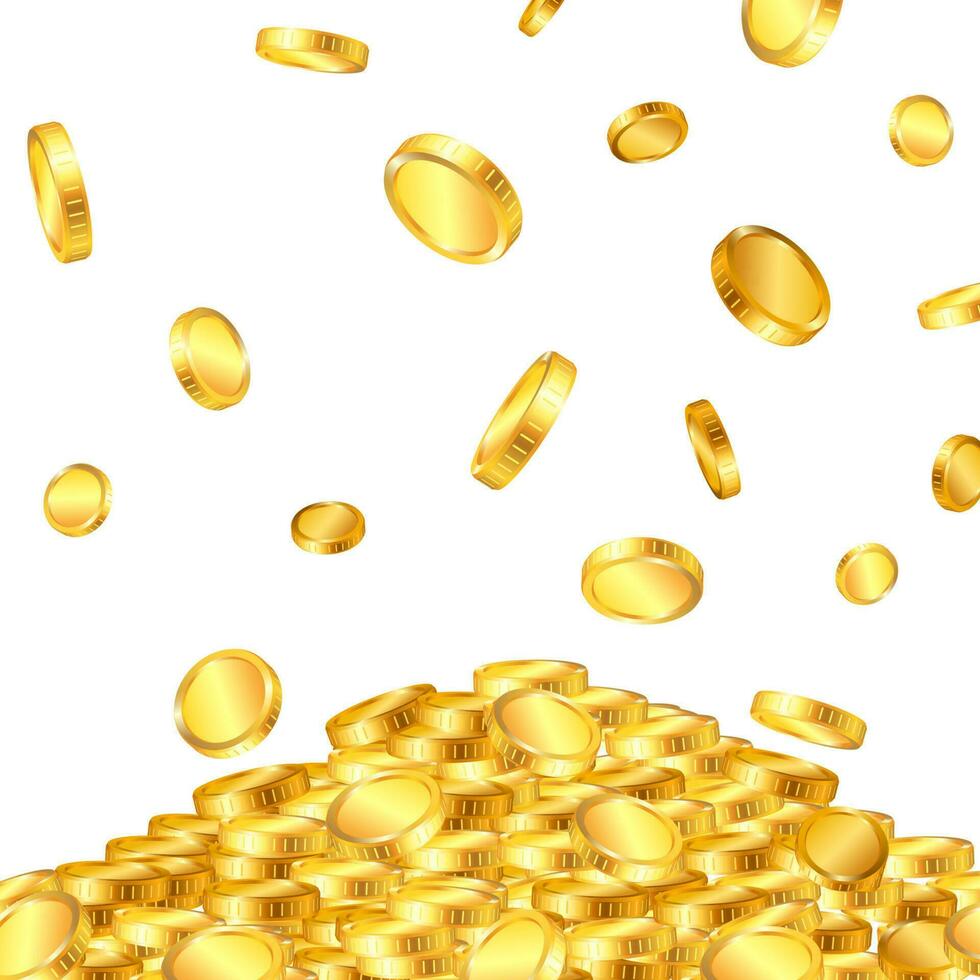 Falling from the top a lot of dollar gold coins on white background. Vector illustration