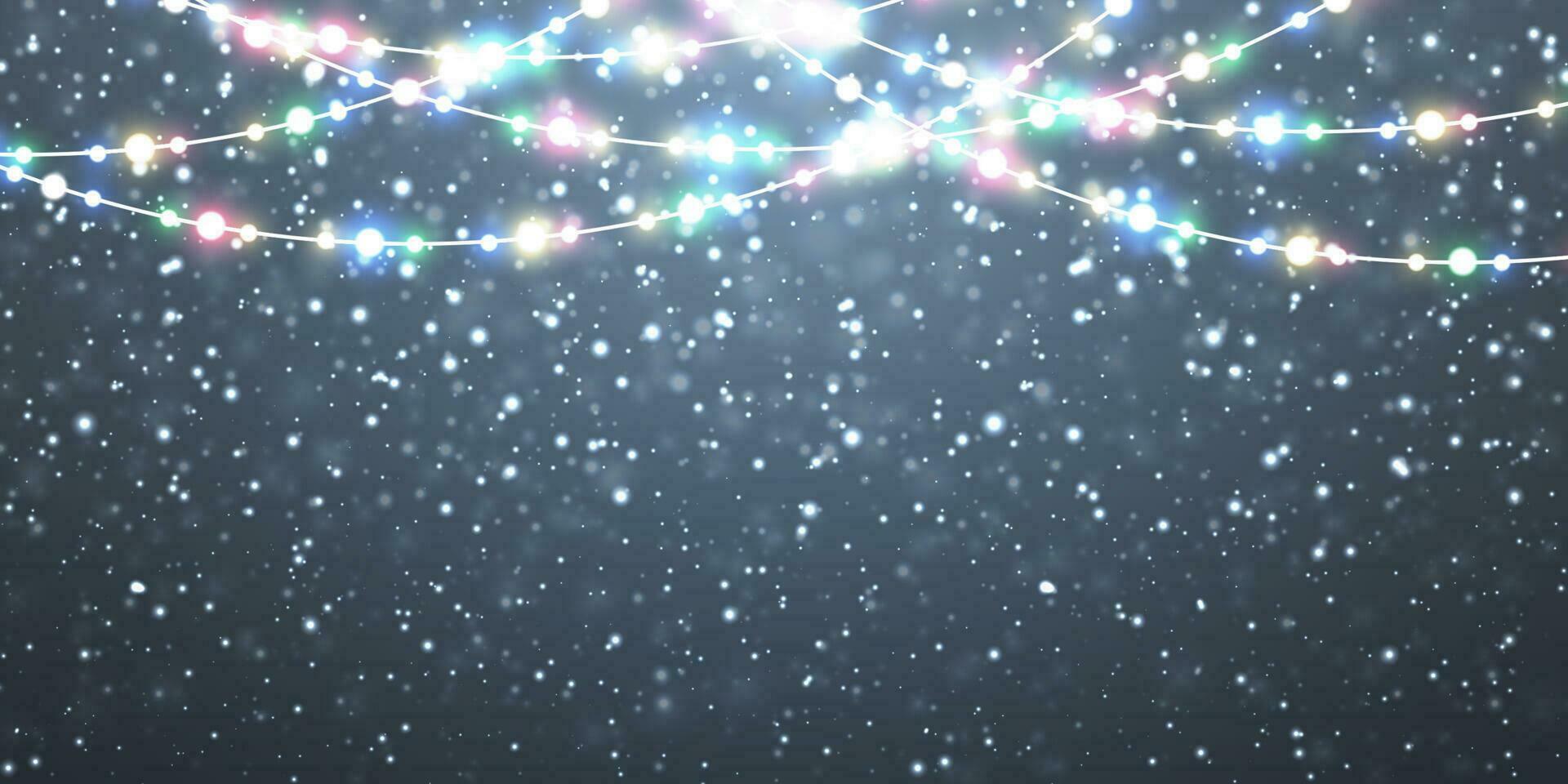 Christmas snow. Falling white snowflakes on dark background. Xmas Color garland, festive decorations. Glowing christmas lights. Vector snowfall, snowflakes flying in winter air