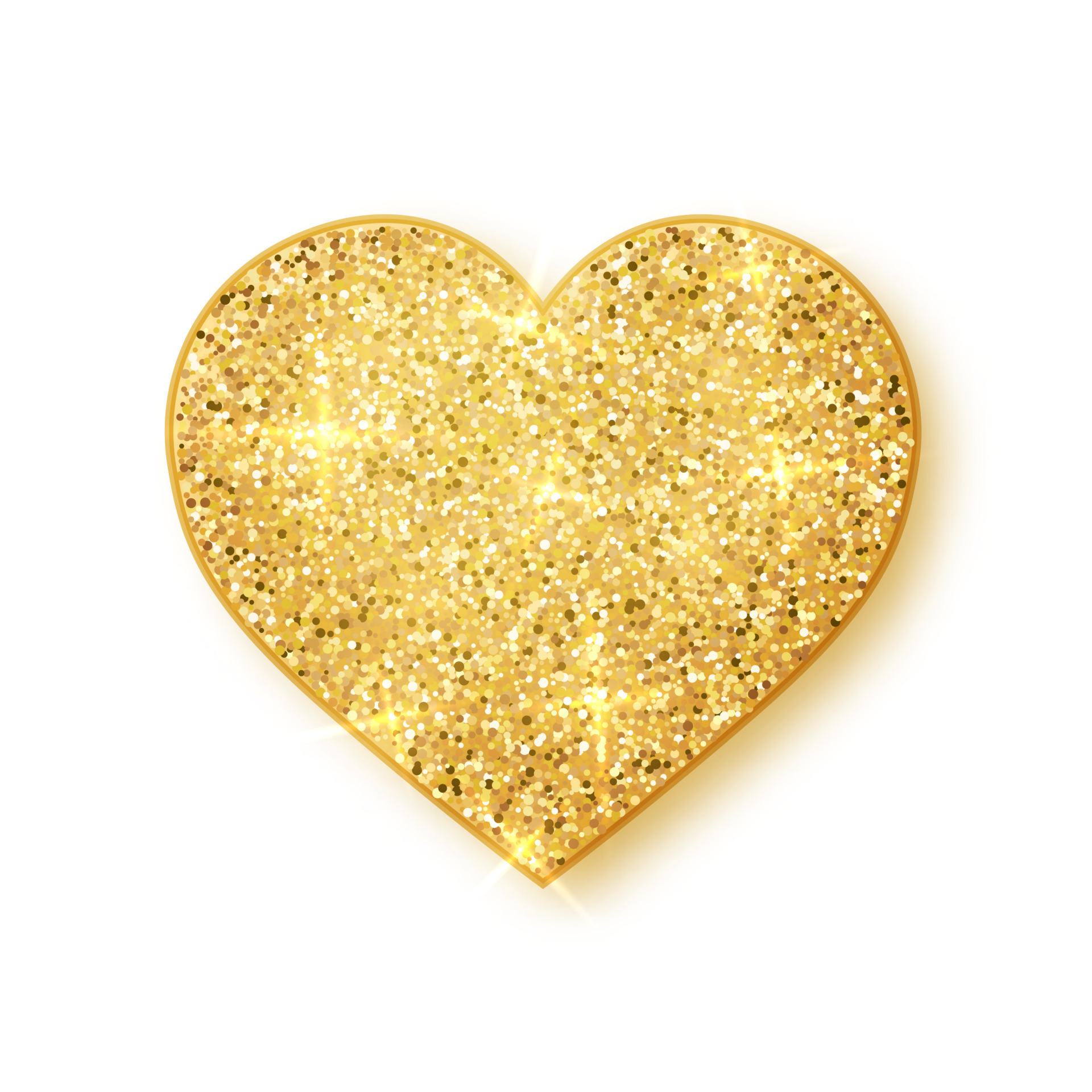 Gold shiny glitter glowing heart with shadow isolated on white
