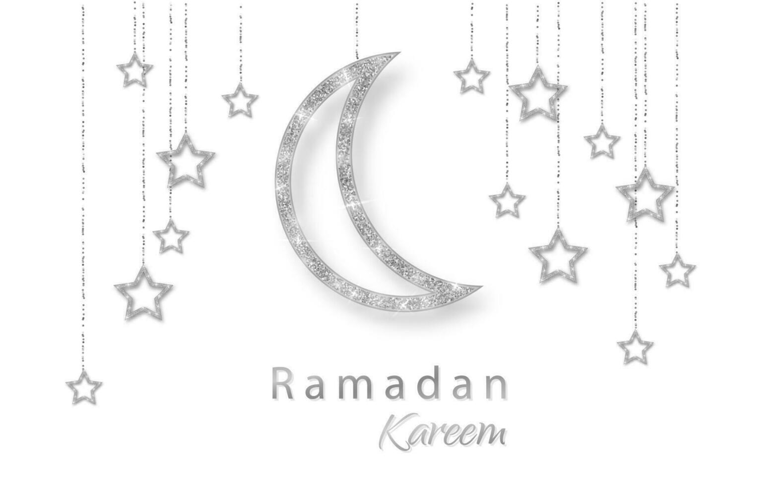 Ramadan Kareem background with silver hanging shiny glitter glowing moon with stars on white background. Vector illustration