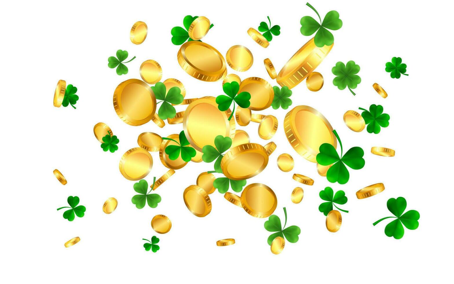 Saint Patrick's Day Border with Green Four and Tree Leaf Clovers and gold coins on White Background. Irish Lucky and success symbols. Vector illustration