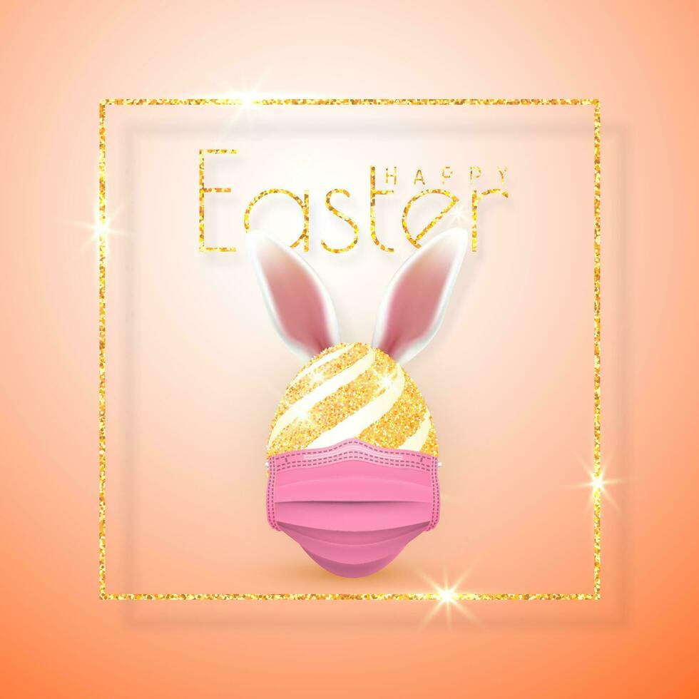 Happy Easter. Easter egg with rabbit ear in medical face mask on white background. Vector illustration
