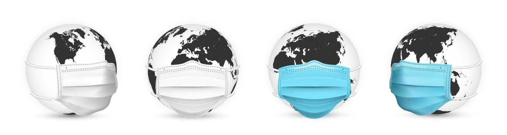 Earth globe in medical face mask. World map set. Vector Illustration